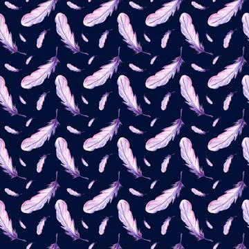 Feathers retro style seamless pattern. Watercolor background print of birds Stock Illustration