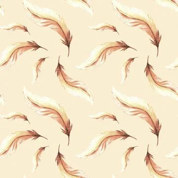 Feathers retro style seamless pattern. Watercolor background print of birds Stock Illustration