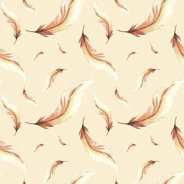 Feathers retro style seamless pattern. Watercolor background print of birds Stock Illustration