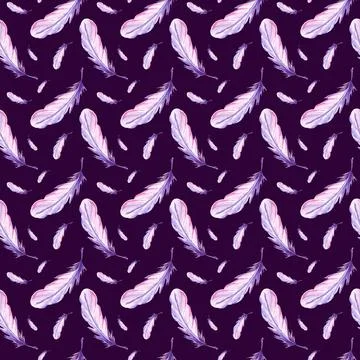 Feathers retro style seamless pattern. Watercolor background print of birds Stock Illustration