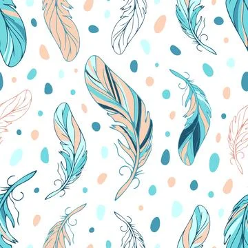 Feathers seamless bright ethnic pattern in boho style. Color spots in pastel Stock Illustration