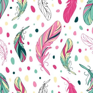 Feathers seamless bright ethnic pattern in boho style. Color spots in neon Illustrazione stock