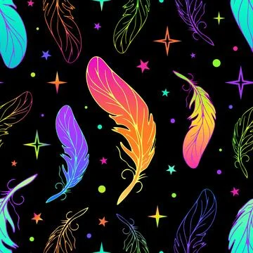Feathers seamless bright gradient pattern in modern style. Stars and space in Stock Illustration