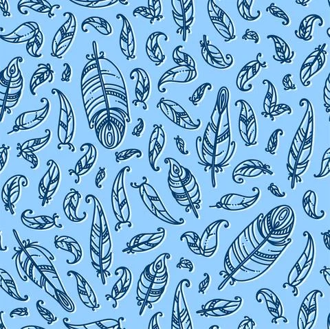 Feathers in seamless pattern. Doodle style feathers in blue background. Vector Stock Illustration