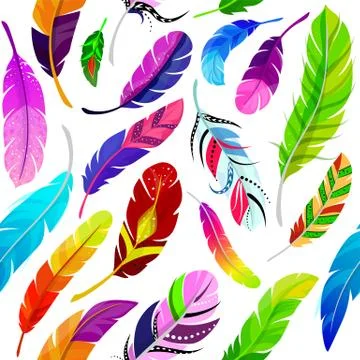 Feathers seamless pattern vector illustration in flat style. Colored different Stock Illustration
