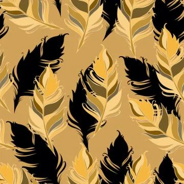Feathers Seamless pattern. Vector illustration. Yellow gold background Stock Illustration