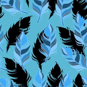 Feathers Seamless pattern. Vector illustration. Blue background 스톡 일러스트