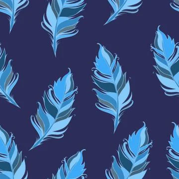 Feathers Seamless pattern. Vector illustration. Blue background Stock Illustration