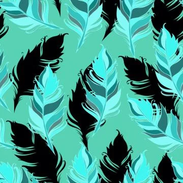 Feathers Seamless pattern. Vector illustration. Green background Illustrazione stock