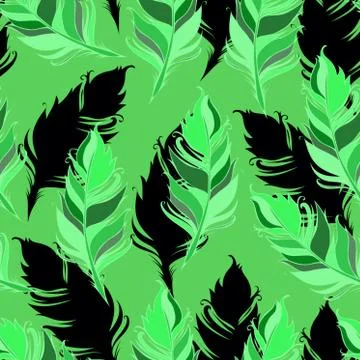 Feathers Seamless pattern. Vector illustration with green background Stock Illustration