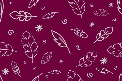 Feathers seamless pattern white on dark red background, doodle vector Stock Illustration