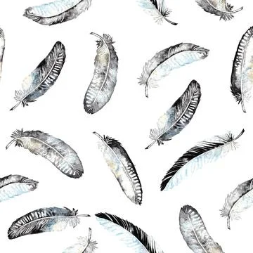 Feathers seamless pattern.blue feathers on a white background. watercolor Stock Illustration