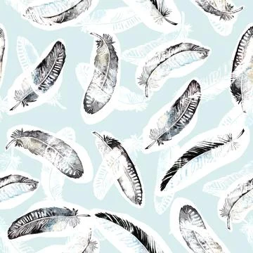 Feathers seamless pattern.blue feathers on a white background. watercolor Illustrazione stock