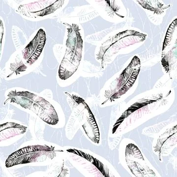 Feathers seamless pattern.blue feathers on a white background. watercolor Stock Illustration
