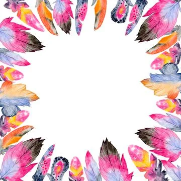 Feathers. Vintage square frame in boho style. Watercolor hand drawn illustrat Stock Illustration