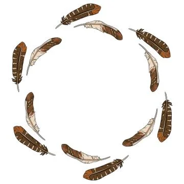 Feathers wreath circle composition. Freehand comic style quills. Vector illus Stock Illustration