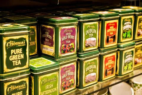 Features boxes of tea in a shop in the Temple Bar district of Dublin Stock Photos
