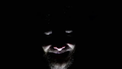 Features of a male, bearded face, backlit in the dark. Close-up of a man's face Stock Footage 159649541