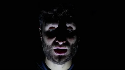 Features of a male, bearded face, backlit in the dark. Stock Footage 159649592