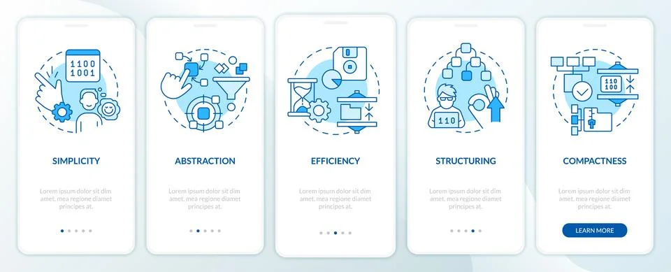 Features of programming languages blue onboarding mobile app screen Stock Illustration