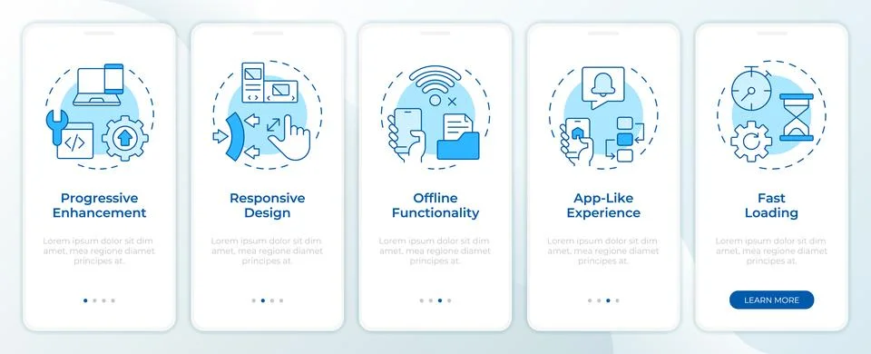 Features of PWAs blue onboarding mobile app screen Stock Illustration