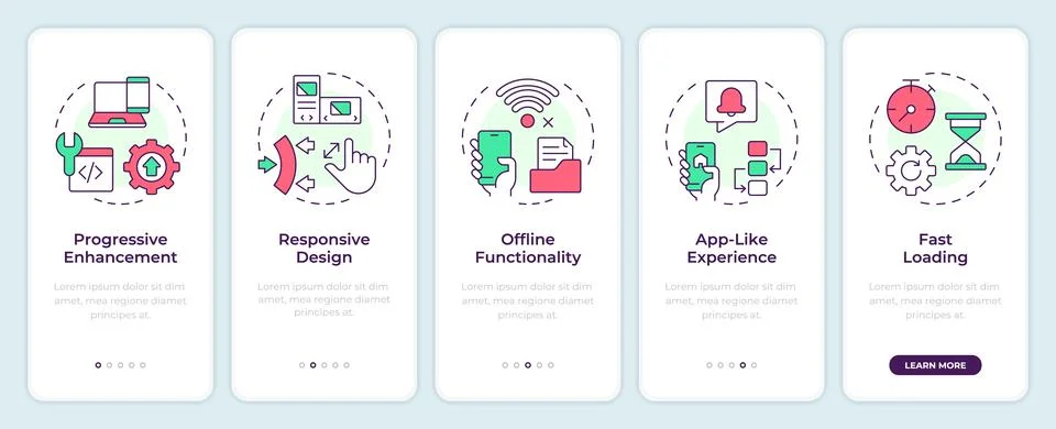 Features of PWAs onboarding mobile app screen 스톡 일러스트