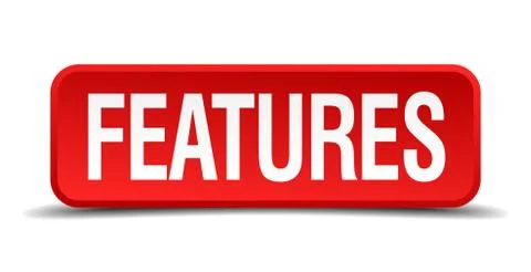 Features red 3d square button isolated on white background Illustrazione stock