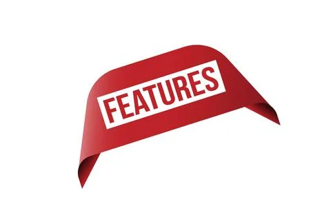 Features red ribbon label banner. Open available now sign or features tag. Stock Illustration