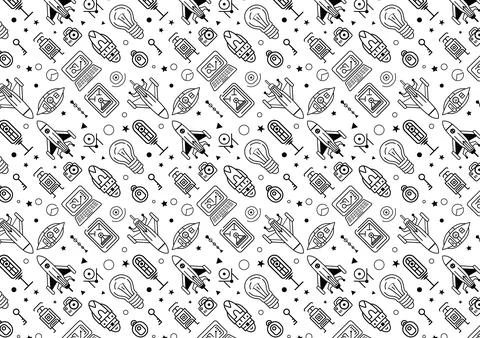 Features a seamless black and white pattern filled with space and technolog.. 스톡 일러스트