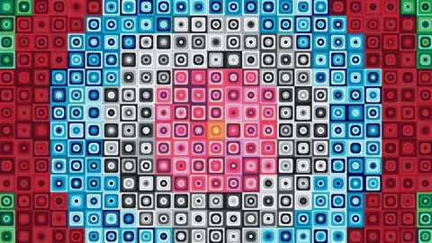 Features a vibrant geometric pattern composed of colorful squares and circles. Stock Footage 276349822