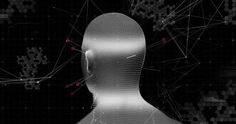 Featuring 3D mesh head hovering in digital network interface, with connecting Ilustração Stock