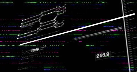 Featuring abstract glitch on black, showing diagonal white bars, neon circuit, Stock Illustration