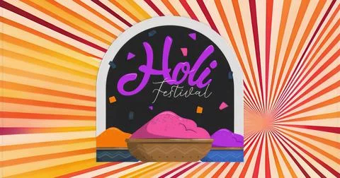 Featuring arch-shaped poster showcasing Holi Festival script in stripes with  Illustrazione stock