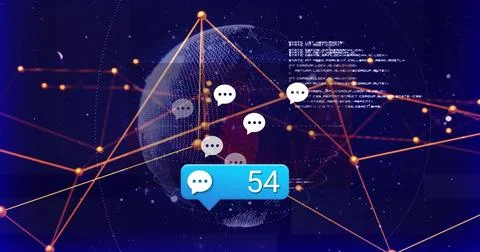 Featuring blue chat-bubble counter atop dotted globe in network with code, 写真素材