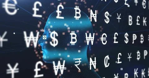 Featuring blue dotted mesh head facing left in data network, with floating Stockillustratie