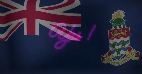 Featuring blue flag on poster, with Union Jack, coat of arms shield, neon purple Stock Illustration