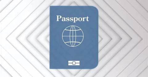 Featuring blue passport graphic centered in abstract design, with globe symbo Stock Illustration