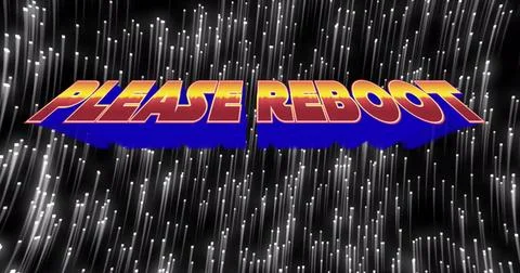 Featuring bold 3D text reading PLEASE REBOOT in virtual environment, with Stock Illustration