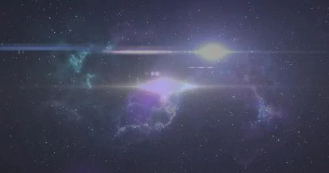 Featuring bright central light source glowing in deep space with lens flares, Stock Illustration
