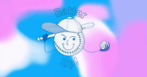 Featuring capped baseball character clutching bat, frowning ball on gradient イラスト素材