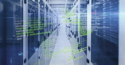 Featuring center aisle showing server cabinets in data center corridor, with 스톡 사진