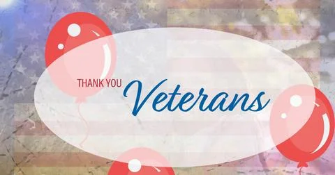 Featuring center white oval panel showing Thank you Veterans on grunge flag sign Stock Photos