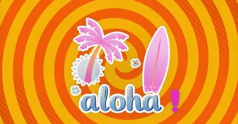 Featuring centered aloha! text with surfboard and palm tree in design, with sun 스톡 일러스트