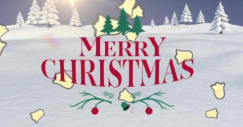 Featuring centered MERRY CHRISTMAS banner over snowy field, with green pines, Stock Illustration