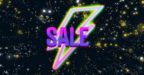 Featuring centered neon lightning bolt glowing on cosmic backdrop, with 3D SALE Stock Illustration