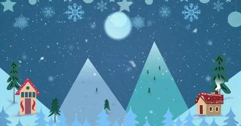 Featuring centered triangular mountains shining over snowy village with red Ilustração Stock