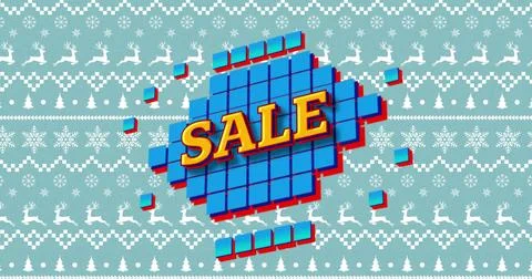 Featuring central 3D blue tiled block bearing yellow SALE on teal knit pattern Foto stock