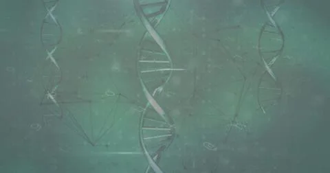 Featuring central DNA double helix floating in teal-green backdrop, with netw Stock Illustration