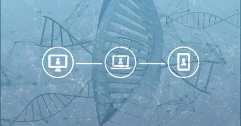 Featuring central laptop icon in abstract DNA network, showing desktop and phone Stock Photos