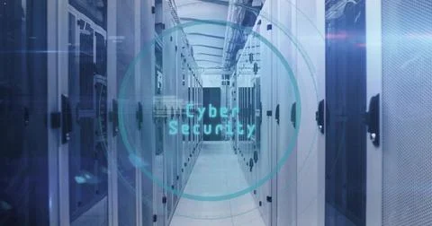 Featuring central server cabinets under cyan holographic Cyber Security overlay, Stock Photos